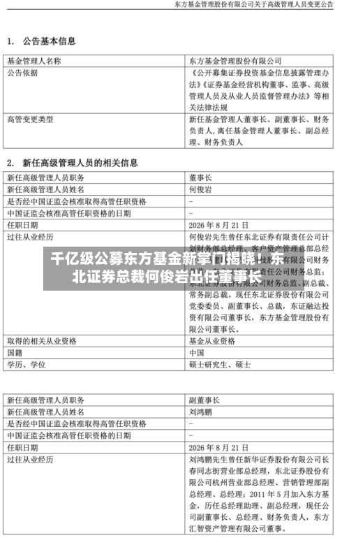 千亿级公募东方基金新掌门揭晓！东北证券总裁何俊岩出任董事长